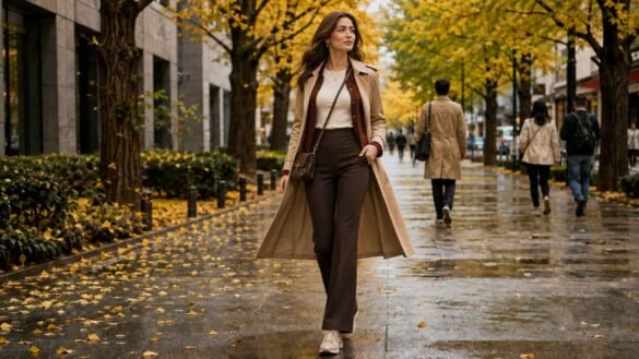 What to wear in Japan in fall: woman in a camel trench coat, burgundy cardigan and tailored trousers on a Tokyo ginkgo-lined street