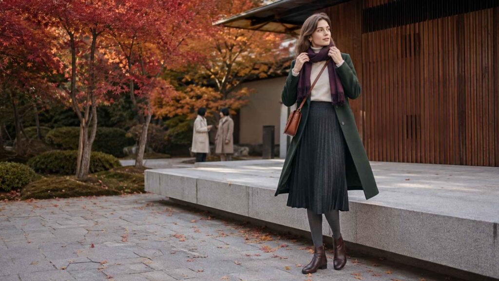 What to wear in Japan in fall: woman in a forest-green coat, pleated skirt and ankle boots in a Kyoto courtyard in November