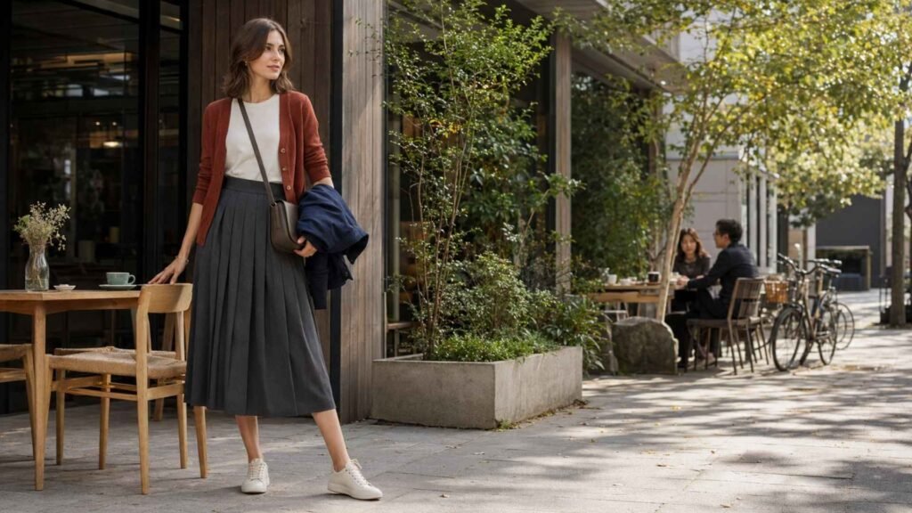 What to wear in Japan in fall: woman in a rust cardigan and pleated midi skirt at an outdoor Tokyo café in October