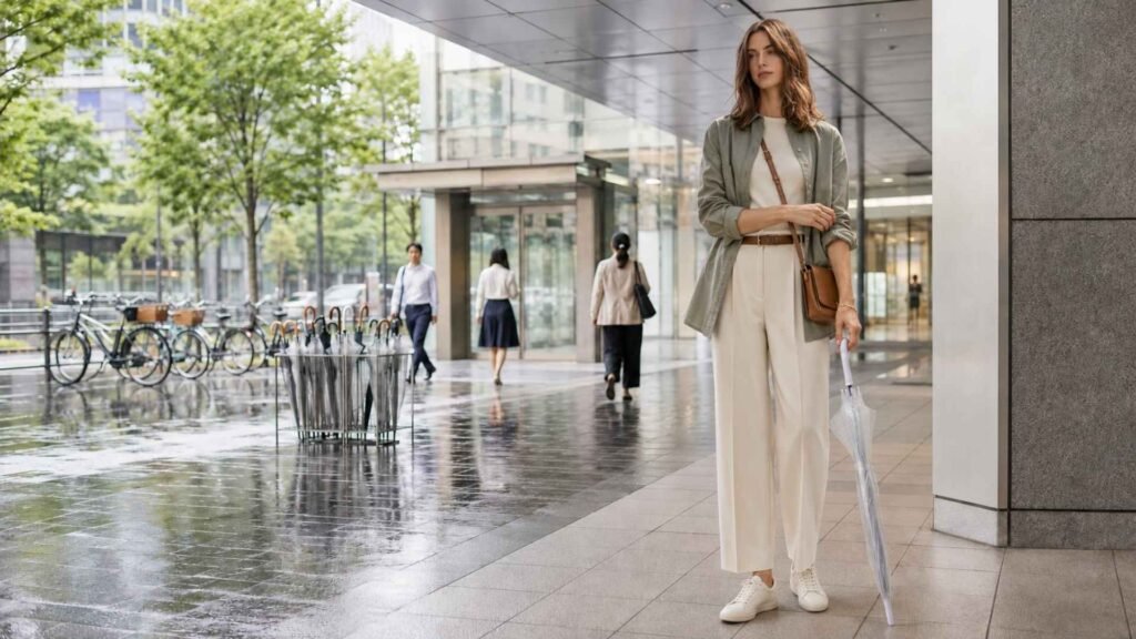 What to wear in Japan in fall: woman in a sage overshirt and taupe trousers holding an umbrella outside a Tokyo station in September