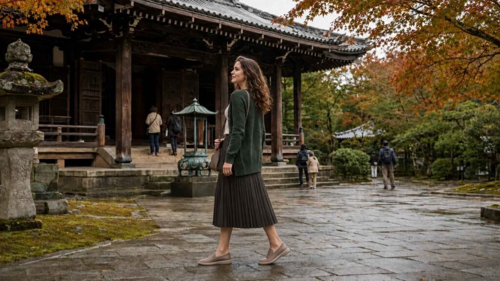 What to wear in Japan in fall: a female traveler in a modest layered outfit and taupe walking loafers at a Kyoto temple.