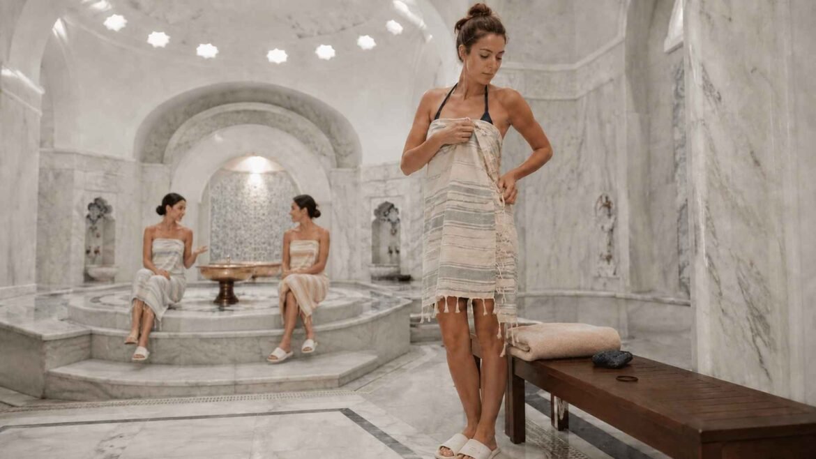 What to Wear to a Turkish Bath – women wearing peştemals inside an Ottoman hammam