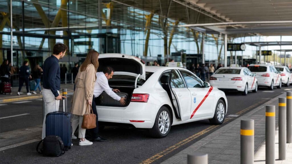 A taxi driver loads luggage into an official white Madrid taxi with a red diagonal stripe as travellers wait outside Madrid Barajas Airport