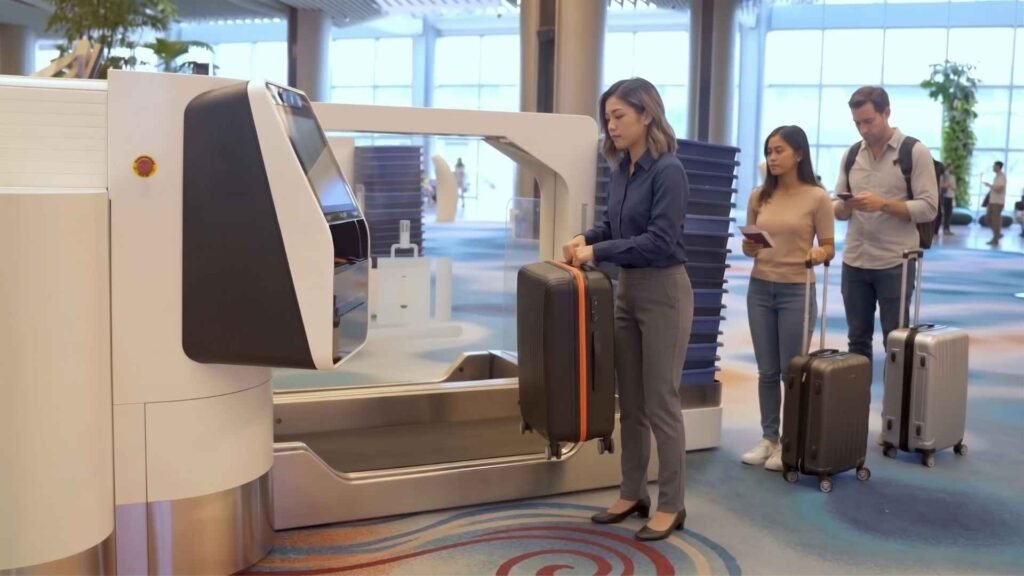 A young businesswoman placing her suitcase onto an automated self bag drop conveyor belt with queued passengers behind her at an airport terminal.