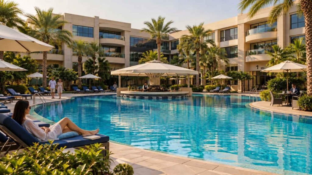 Outdoor courtyard pool at Airport Hotel Dubai surrounded by palm trees, cream sun umbrellas, blue loungers and low-rise hotel wings, with travellers relaxing beside the central swim-up bar.