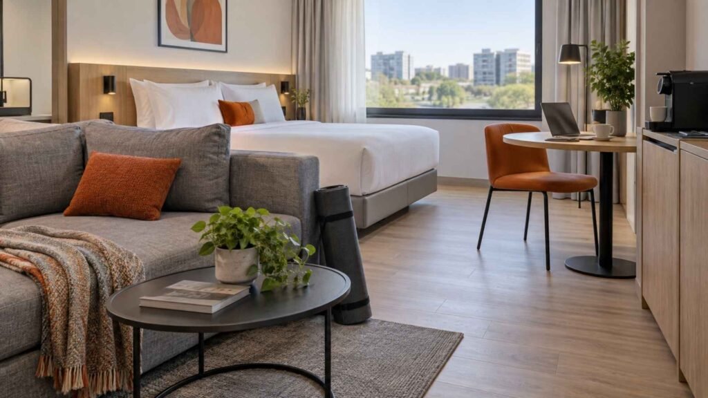 Modern studio-style airport hotel room with a work area near Madrid Barajas Terminal 4