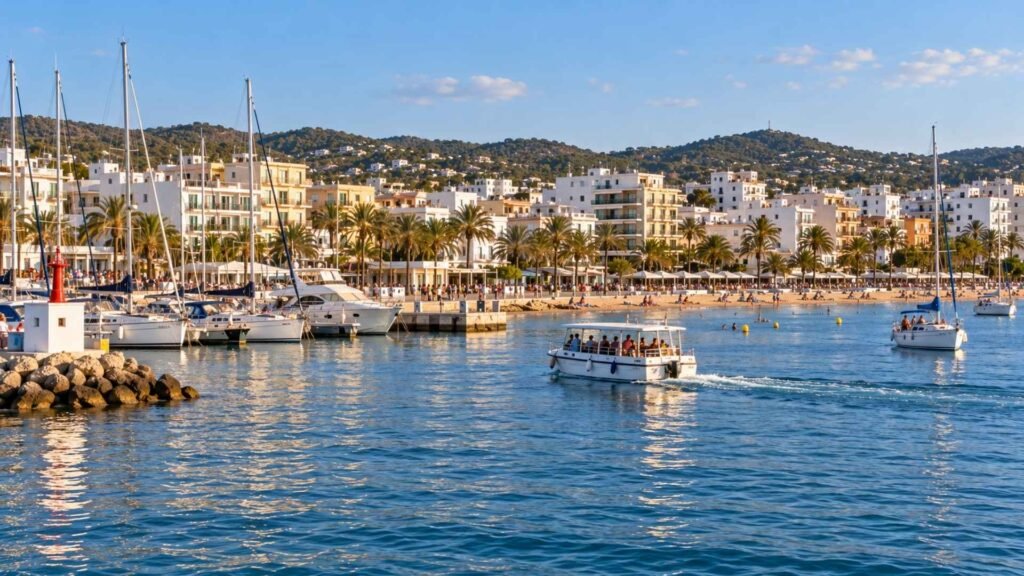 Sant Antoni waterfront, marina and S’Arenal Beach in Ibiza