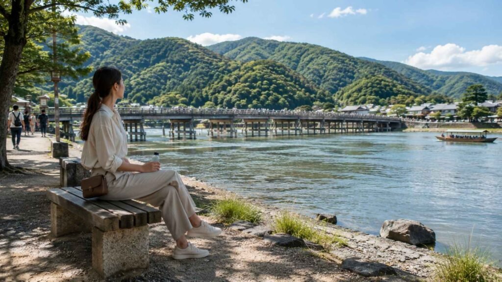 Traveler relaxing beside the Katsura River with Togetsukyo Bridge in Arashiyama, Kyoto