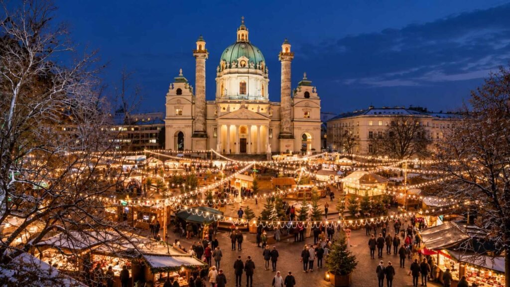 Art Advent Christmas market at Karlsplatz in front of Vienna’s Karlskirche at dusk