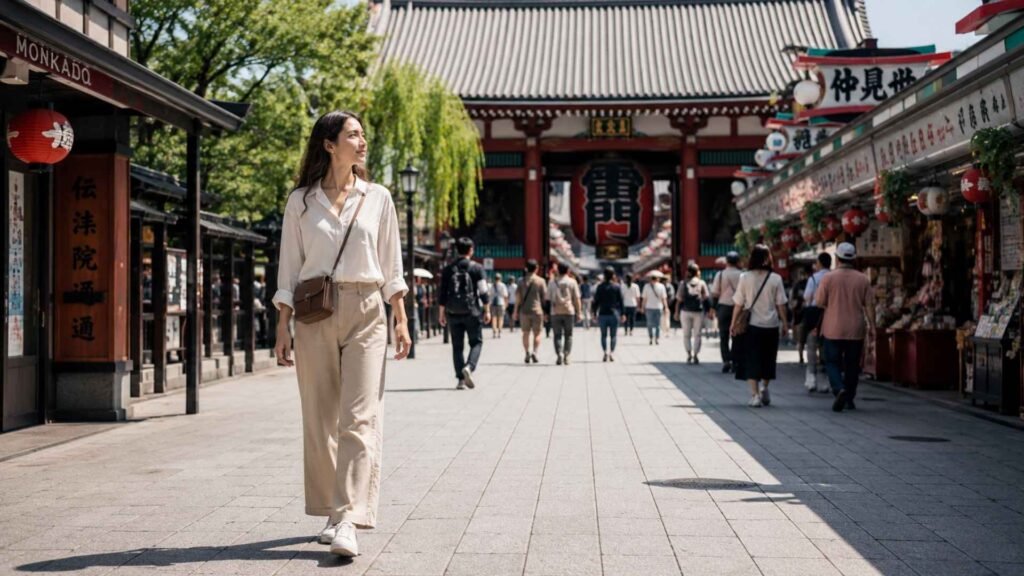 Female traveler exploring Asakusa near Senso-ji during a seven-day Japan itinerary