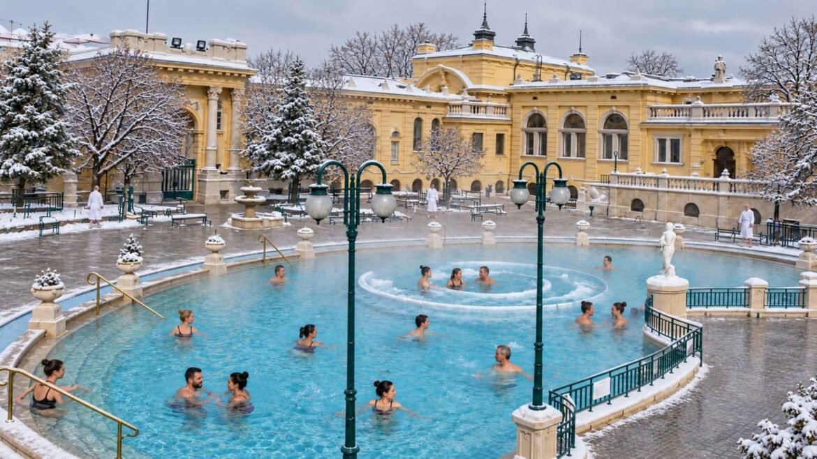 Budapest Thermal Baths in Winter with bathers in Széchenyi’s outdoor pool, light steam and snow-covered surroundings.