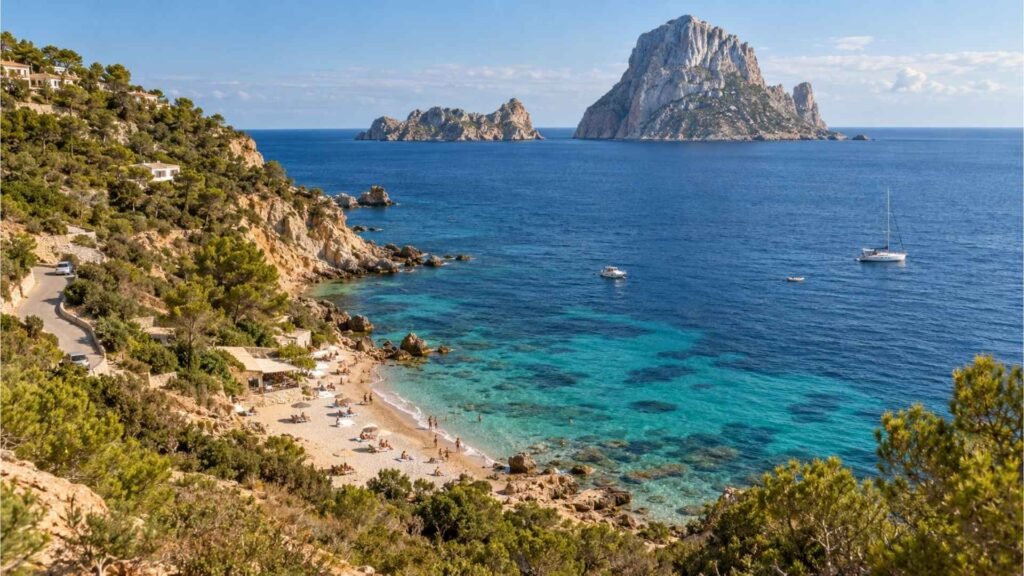 Cala d’Hort beach and Es Vedrà on the southwest coast of Ibiza