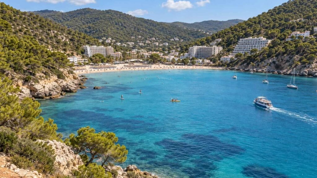 Cala Llonga family beach and sheltered bay in Ibiza
