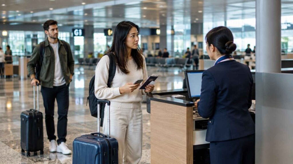 Connecting passenger speaking with airline staff about an onward flight at Changi Airport