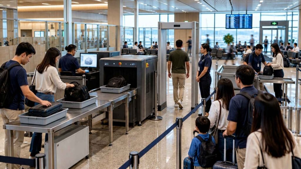 Passengers placing hand luggage into trays at a gate-area security screening checkpoint in Singapore Changi Airport