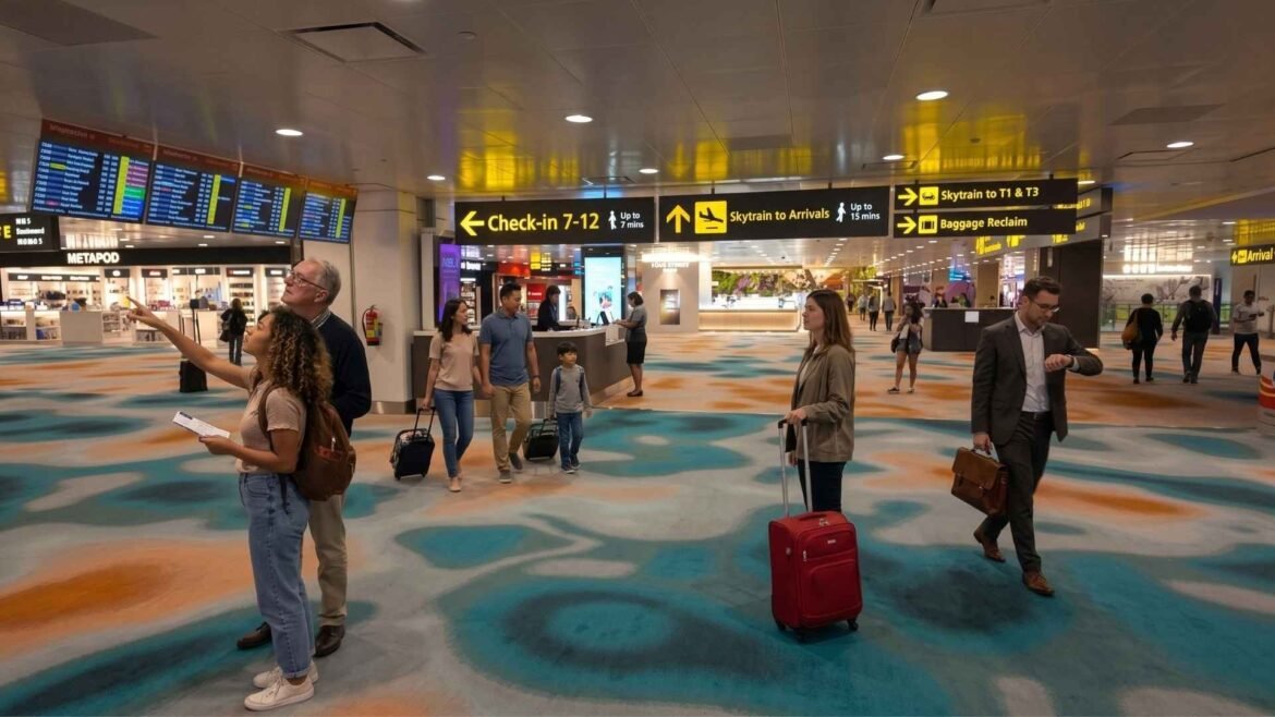 Travelers with luggage checking flight details on a digital information screen in Singapore Changi Airport terminal.