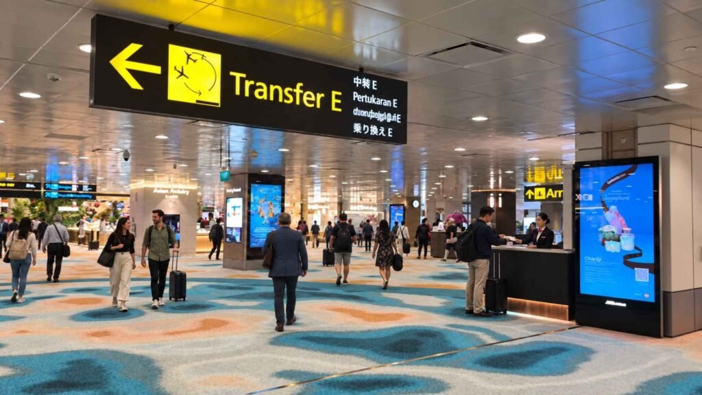 Connecting passenger collecting an onward boarding pass at a Changi Airport transfer desk