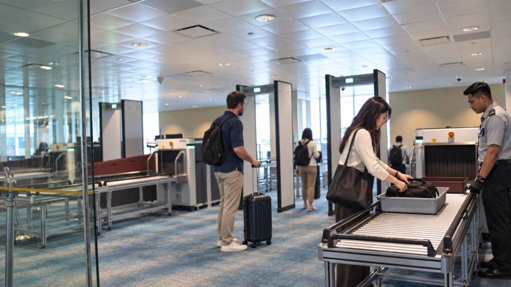 Passenger placing a cabin bag in a screening tray at a Changi Airport transit security checkpoint