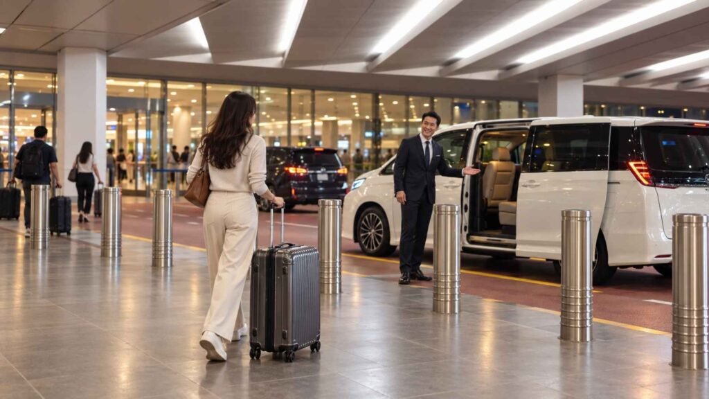 Female traveller meeting her driver beside a private transfer vehicle outside the Changi Airport arrivals hall