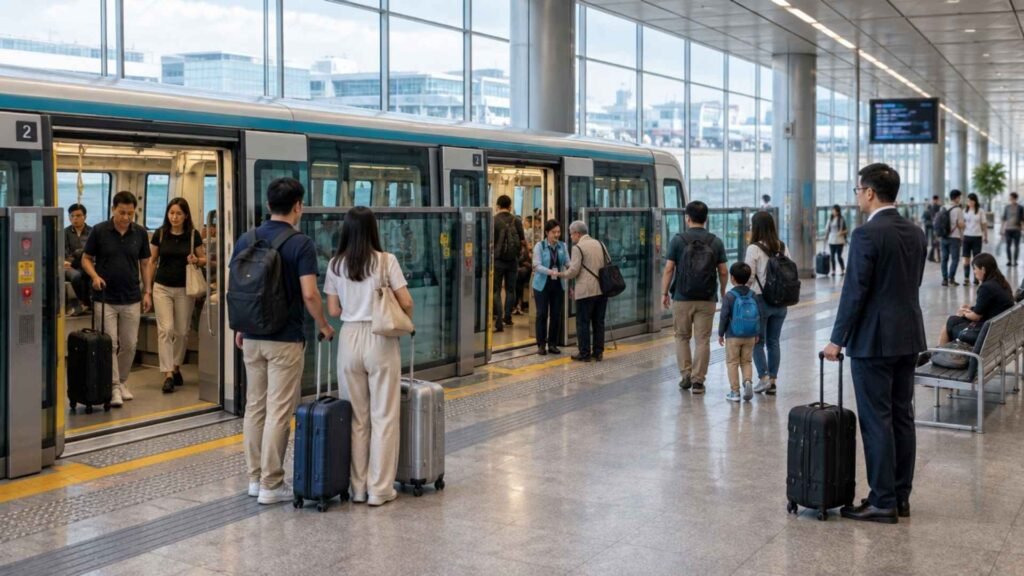 Travellers boarding the Changi Airport Skytrain between Terminals 1, 2 and 3 with luggage on a busy station platform