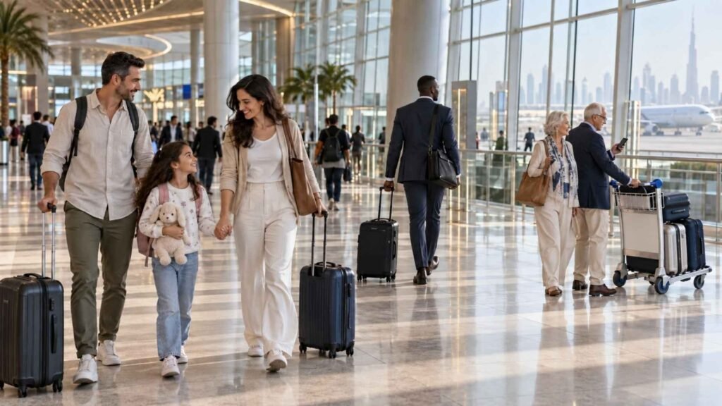 Family, business traveller and older couple representing different Dubai Airport Fast Track package needs