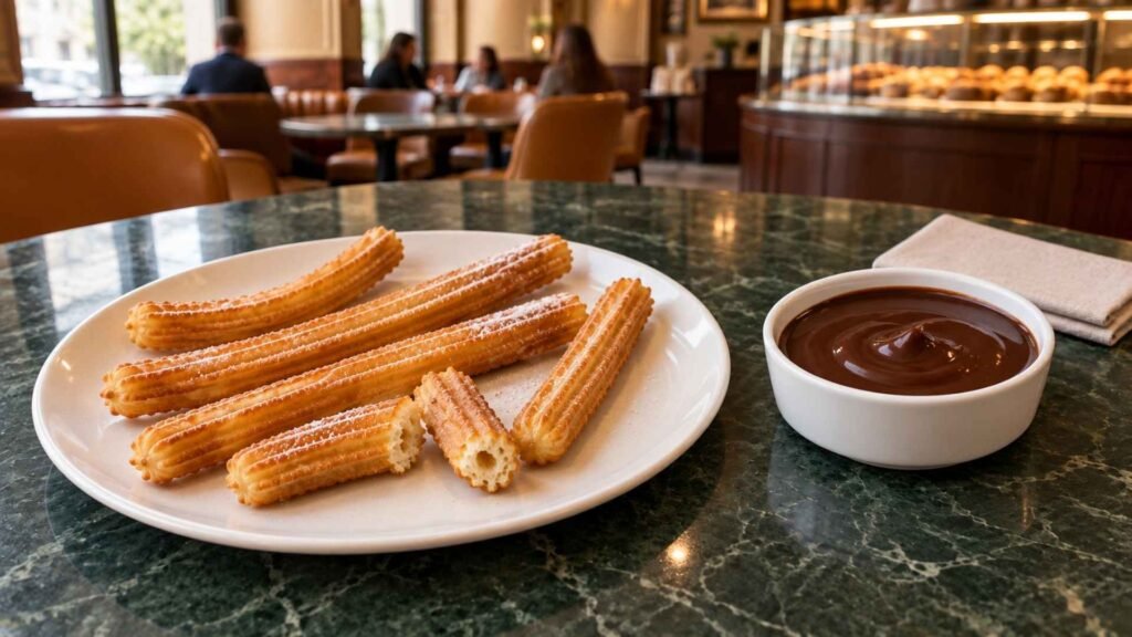 Churros con chocolate served with a thick dipping sauce in a Madrid café