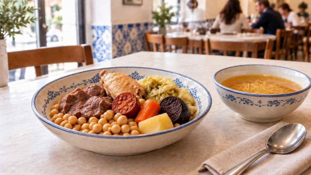 Cocido madrileño with chickpeas, meat, vegetables and noodle broth in a Madrid restaurant