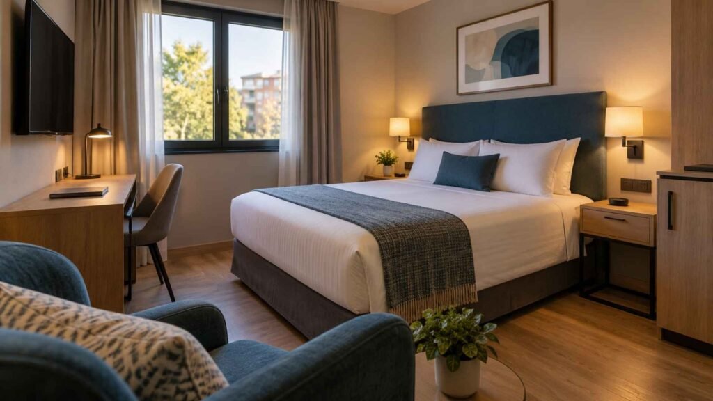 Compact full-service airport hotel room with a double bed near Madrid Barajas
