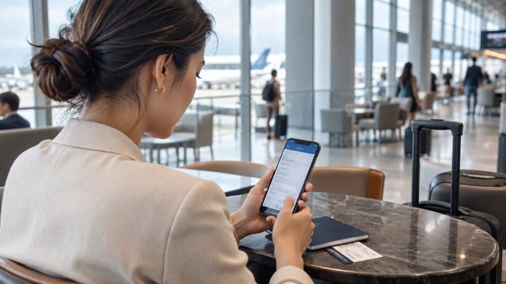 Female traveller completing the SG Arrival Card on her phone in an airport lounge before flying to Singapore