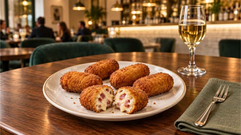 Crispy croquetas de jamón with creamy béchamel filling in a contemporary Madrid tapas bar
