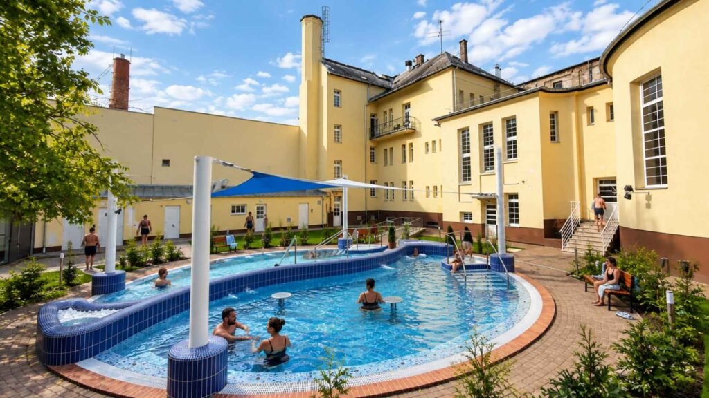 Outdoor curved thermal pool with blue mosaic tiles located in an inner courtyard of a yellow historic building.