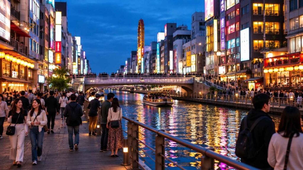 Evening crowds walking beside Dotonbori Canal as a sightseeing boat passes beneath Ebisubashi Bridge in Osaka