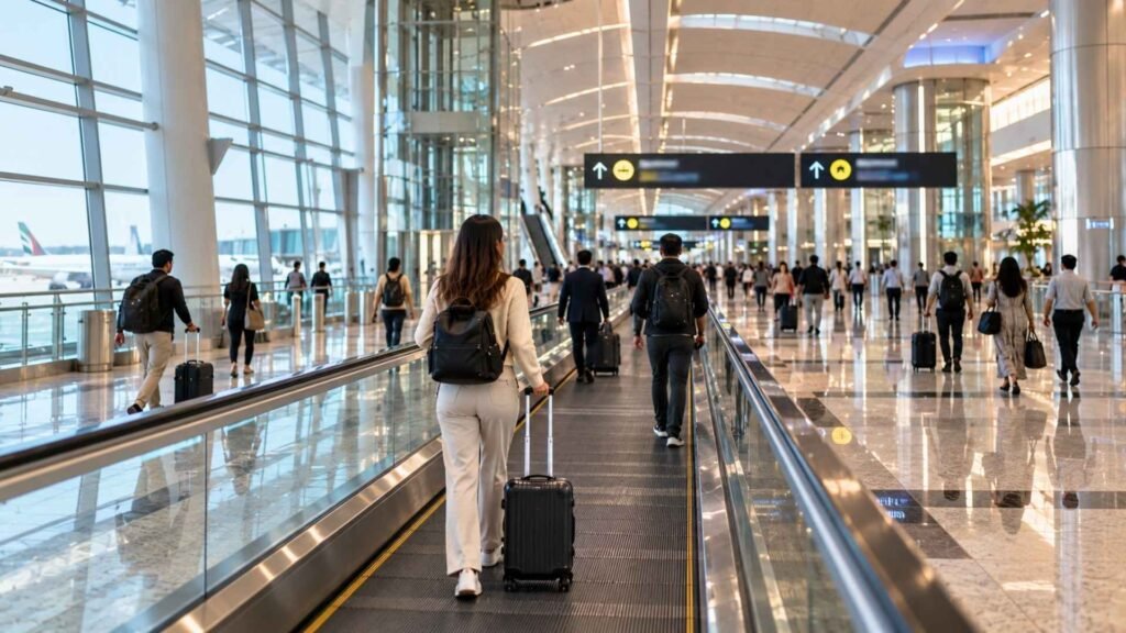 Passengers using a moving walkway after landing at Dubai International Airport