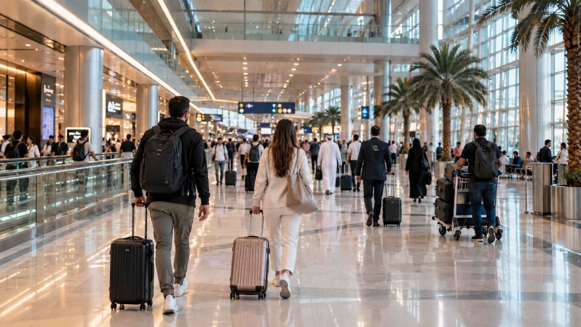 Dubai Airport Arrival passengers walking through the modern DXB terminal with luggage
