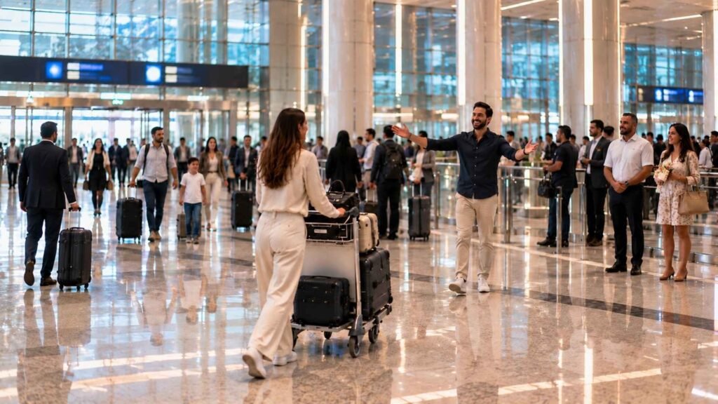 Arriving passenger with luggage meeting someone in the Dubai Airport arrivals hall