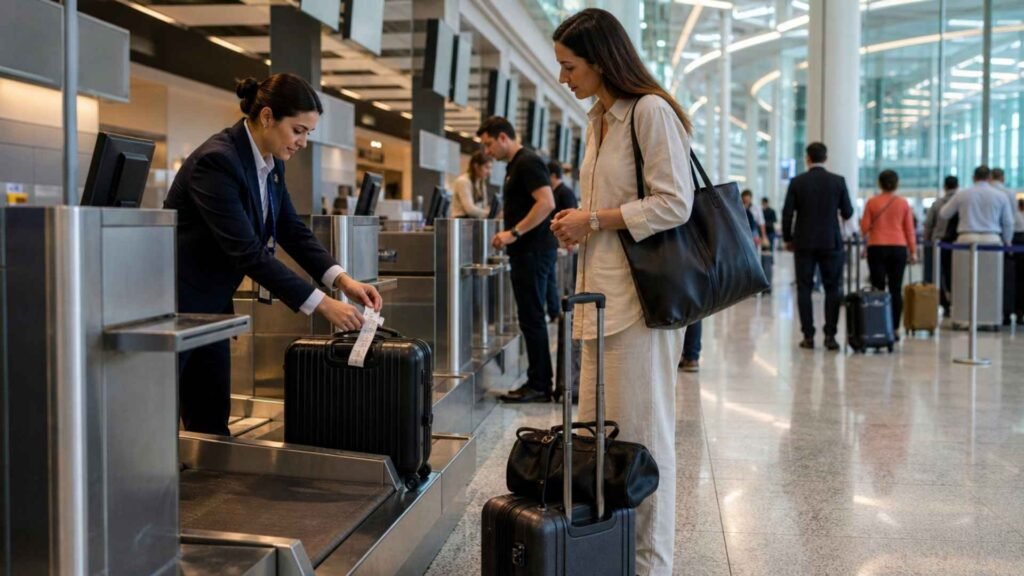 Airport staff attaching a baggage tag to checked luggage at Dubai International Airport