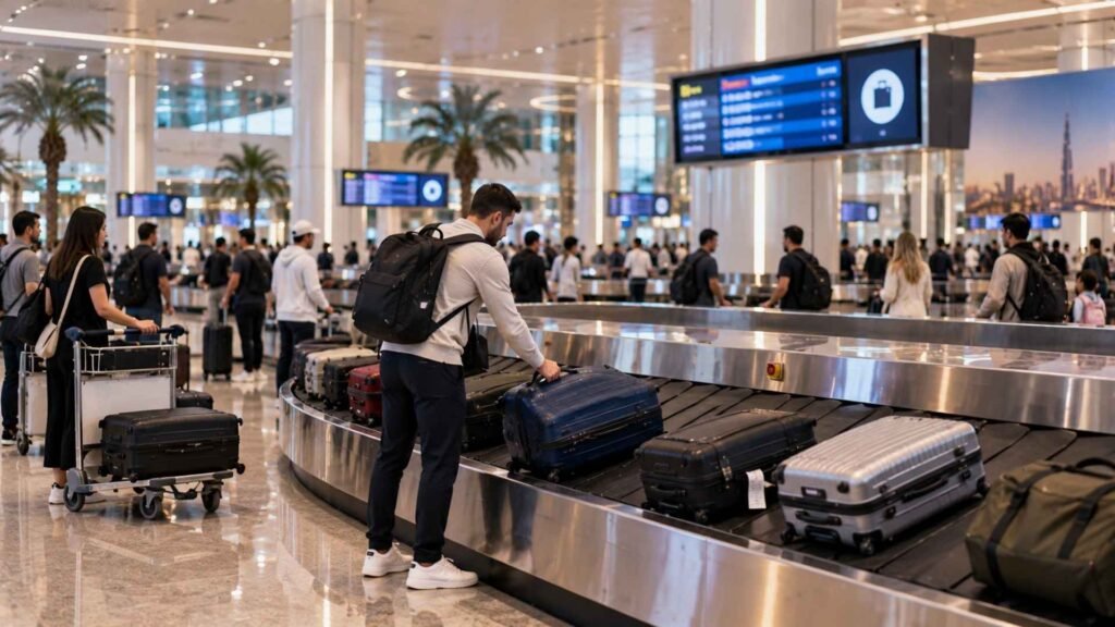 Traveller collecting a suitcase from the baggage carousel at Dubai Airport