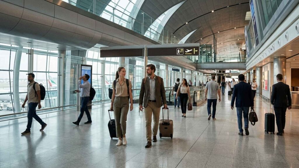Transit passengers with cabin luggage connecting between flights at Dubai International Airport
