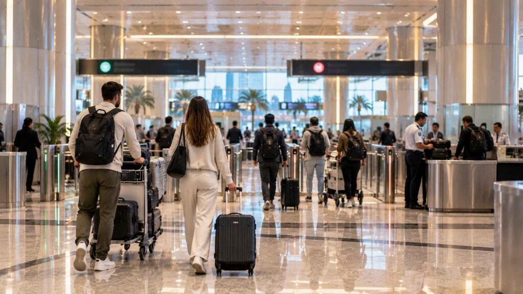 Travellers with luggage passing through the customs area at Dubai Airport