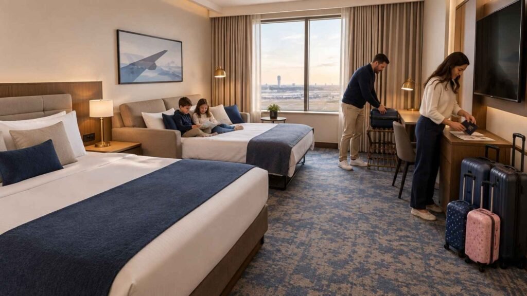 Family of four settling into a spacious room at Dubai Airport, with a queen-size bed, a prepared sofa bed for two children, a writing desk and family luggage arranged beside the television.
