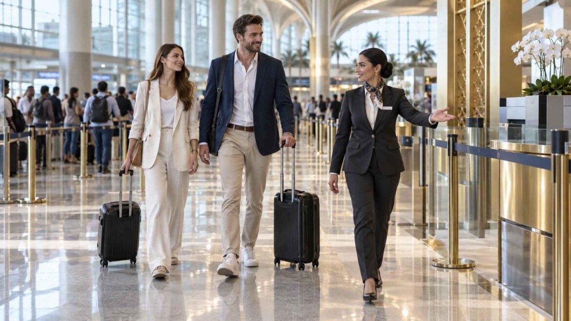 Dubai Airport Fast Track representative guiding travellers through a priority lane