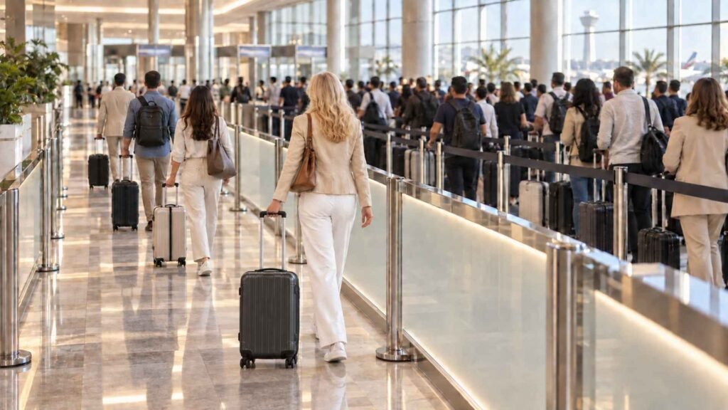 ravellers using the Dubai Airport Fast Track arrival lane beside a busier standard immigration queue