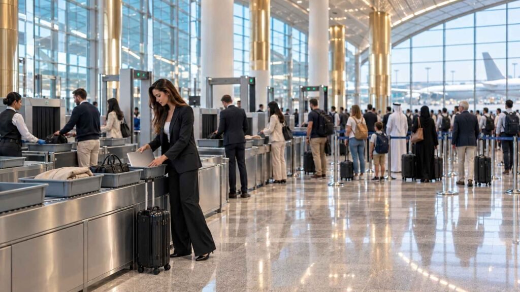 Business traveller using a Dubai Airport Fast Track departure security lane while standard queues build behind her