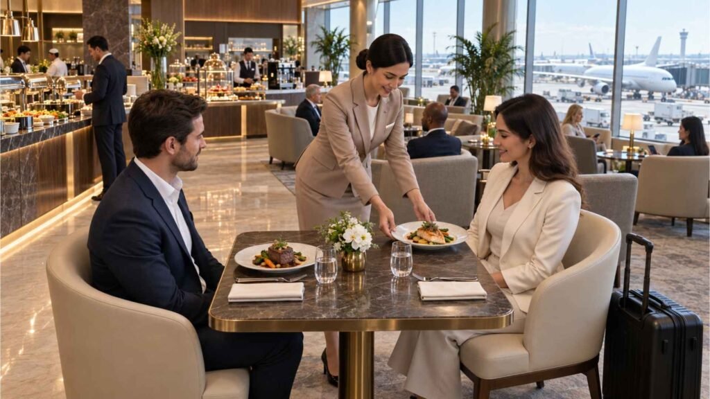 Lounge attendant serving a premium meal to travellers in a Dubai Airport first class lounge