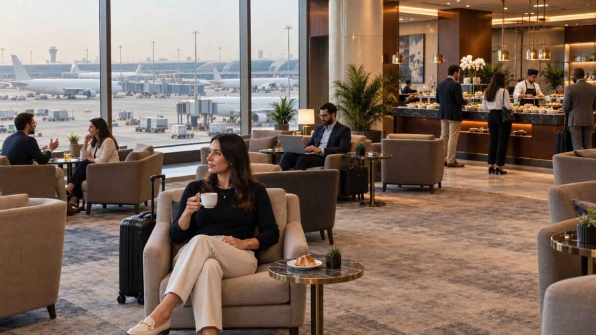 Dubai Airport lounges with travellers, buffet dining and airport apron views