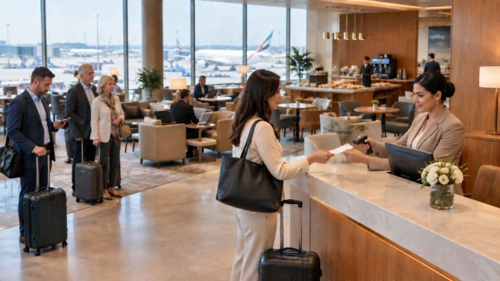 Female traveller presenting a boarding pass at a Dubai Airport lounge reception desk while other passengers wait behind her