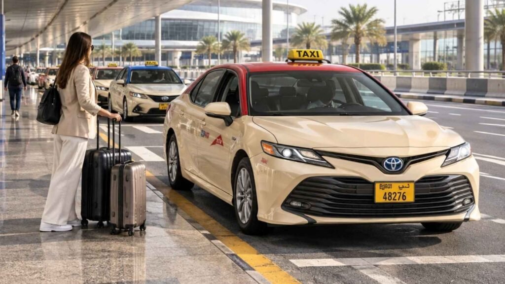 Traveller with luggage beside an official taxi at Dubai Airport arrivals