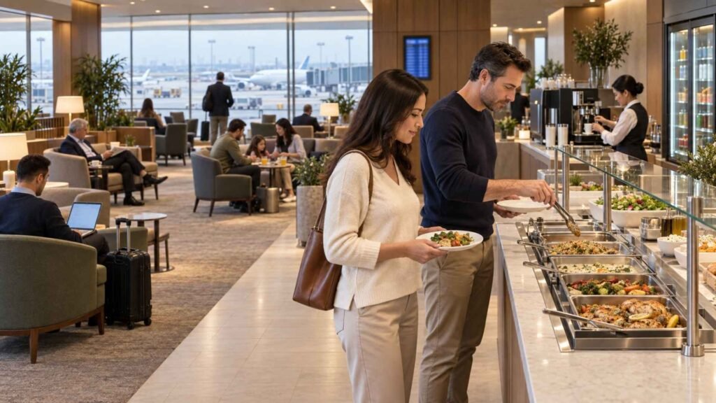 Travellers selecting hot meals from a buffet inside a premium Dubai Airport lounge