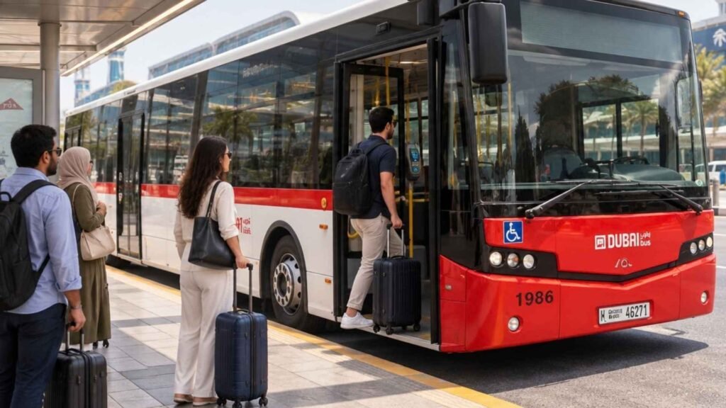 Travellers with luggage boarding an RTA bus outside Dubai International Airport