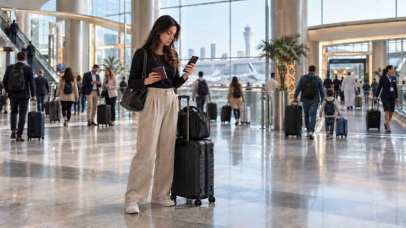 Dubai Airport Self-Transfer traveller checking separate flight bookings at DXB